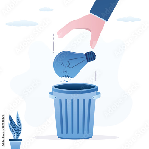 Wasted unworkable ideas, business failure, abandoned project. Businessman checks ideas and throws unneeded solutions into garbage can. Brainstorming.