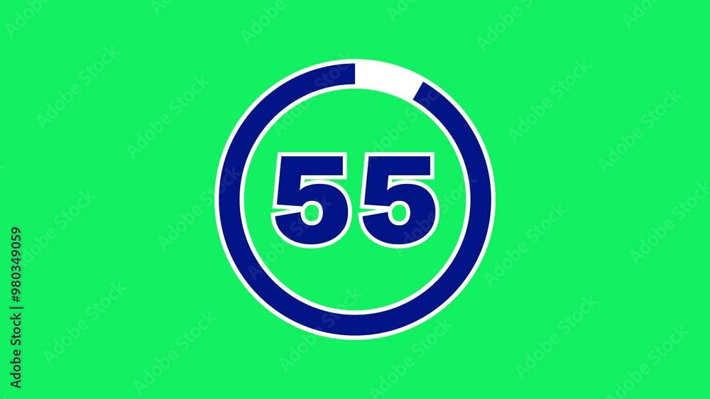 Bold outlined navy 60-second (1 minute) countdown with a white progress ring on a green screen. The progress ring decreases as seconds pass, with thick numbers indicating the time. 4K Motion Graphic Bold outlined navy 60-second (1 minute) countdown with a white progress ring on a green screen. The progress ring decreases as seconds pass, with thick numbers indicating the time. 4K Motion Graphic