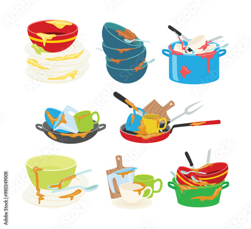 Set of stack of dirty dishes cartoon collection, kitchen household cutlery concept, Dirty Dishes for Washing and Cleaning After Meal, Dirty plates and cups, glass, cup, Cartoon kitchen empty dishes.