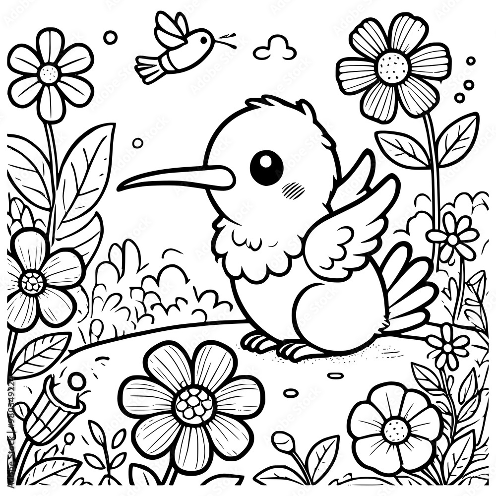 Obraz premium Coloring Page of a Cute Cartoon Hummingbird Sitting Among Flowers in a Lush Garden with Another Hummingbird Flying in the Background, Perfect for Kids’ Creative Coloring