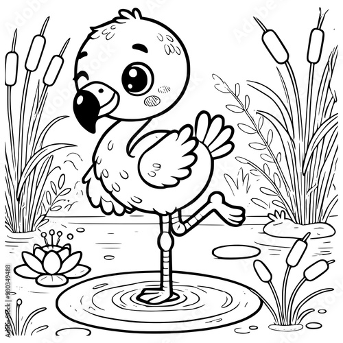 Adorable Cartoon Flamingo Standing on One Leg in a Tranquil Pond with Cattails and Lotus Flowers Coloring Page Illustration