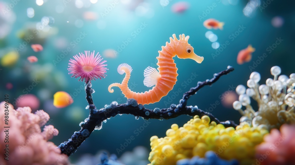 An intricate underwater scene with a seahorse clinging to a coral branch, surrounded by colorful anemones and tiny fish. An intricate underwater scene with a seahorse clinging to a coral branch, surrounded by colorful anemones and tiny fish.