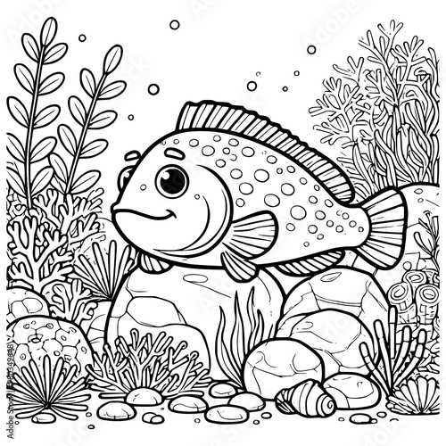 Playful Rockfish in an Underwater Coral Reef Setting Black and White Illustration for Kids Coloring Activity