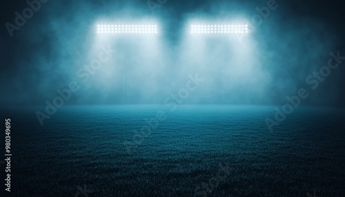 Illuminated sports field under bright stadium lights with fog, creating a dramatic and atmospheric scene ready for action.