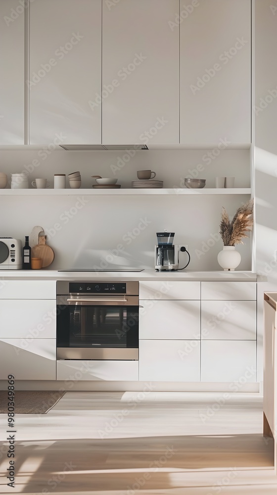 Serene Minimalist Kitchen with Integrated Appliances and Open Shelving Serene Minimalist Kitchen with Integrated Appliances and Open Shelving