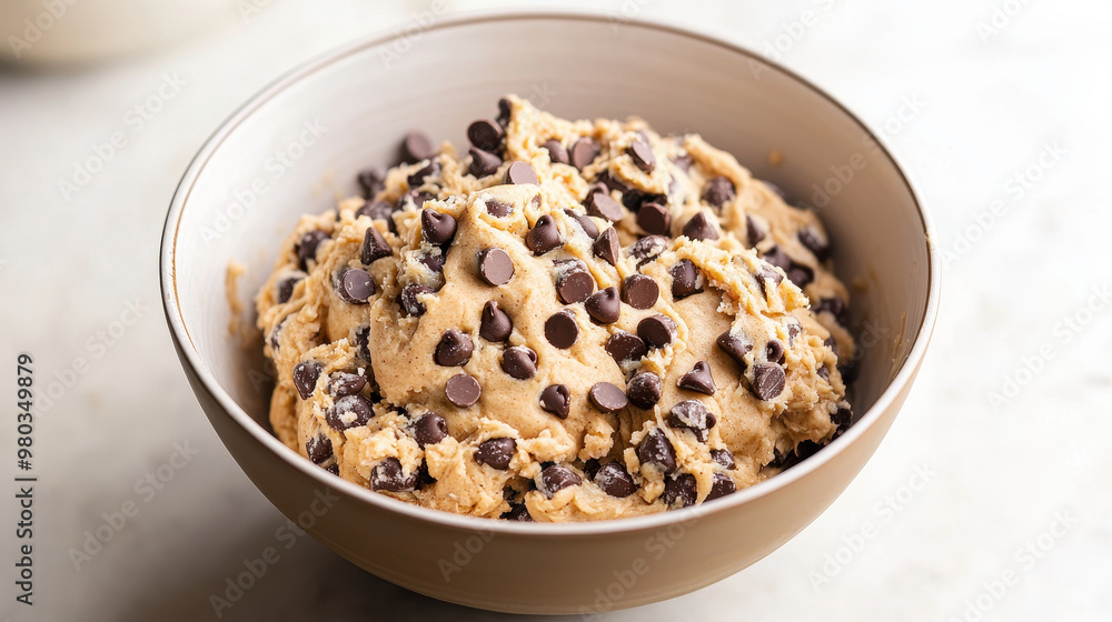 Close-up of creamy chocolate chip cookie dough in a bowl, showcasing rich texture and dark chocolate morsels Close-up of creamy chocolate chip cookie dough in a bowl, showcasing rich texture and dark chocolate morsels