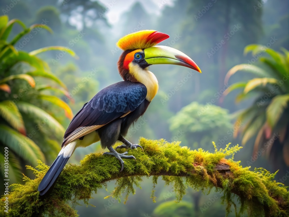 Obraz premium A majestic horned hornbill perches on a moss-covered branch, its vibrant plumage and distinctive casque blending seamlessly into the lush, misty forest surroundings.