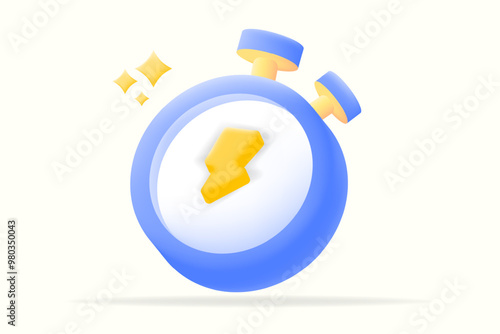 3d vector illustration Blue stopwatch with yellow lightning bolt symbol, representing speed and efficiency for sales, service, time tracking, for productivity-focused content