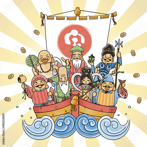 シンプルでかわいい七福神と宝船のイラスト