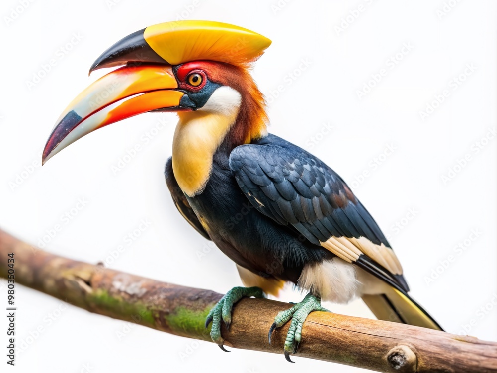 Obraz premium A majestic hornbill bird with vibrant plumage and distinctive casque on its beak perches confidently on a branch against a clean white background.