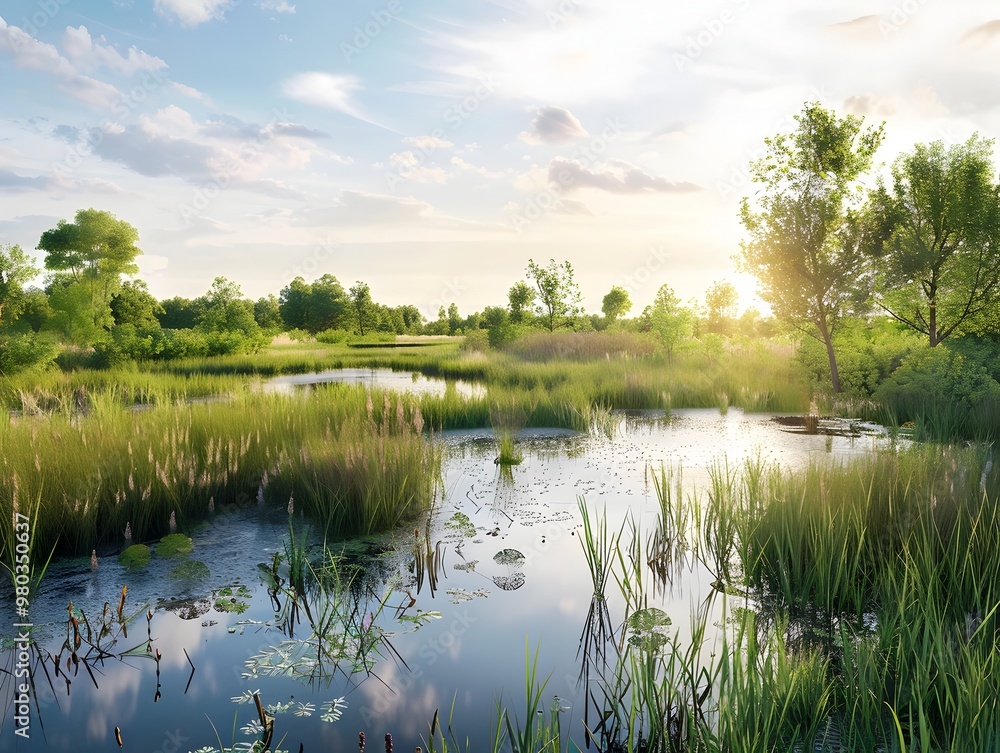 Scenic wetland project with diverse vegetation and water management enhancing habitat for wildlife Scenic wetland project with diverse vegetation and water management enhancing habitat for wildlife