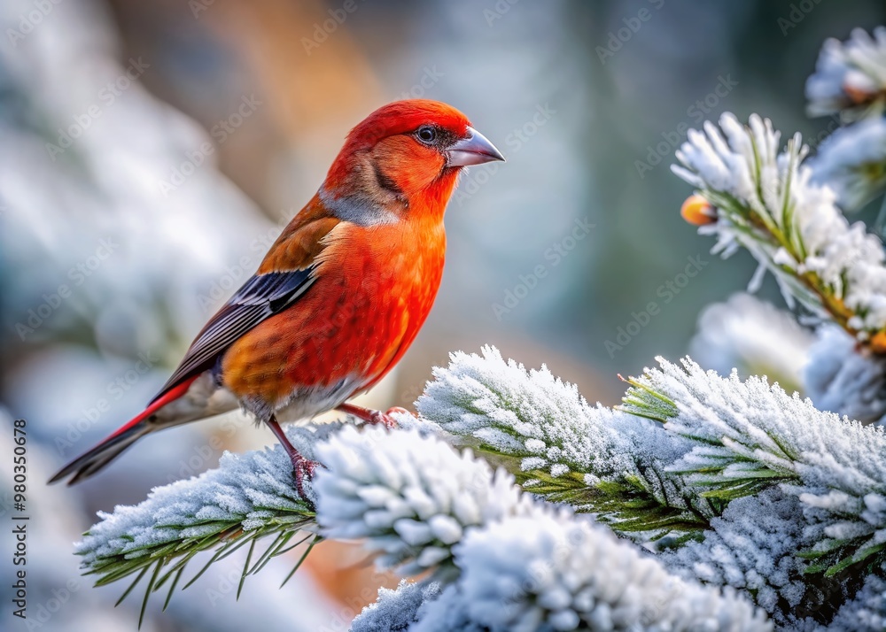 Vibrant red crossbill perched on a snowy branch, its distinctive crossed bill prominent, amidst frosty coniferous trees at Lava, Kalimpong, West Bengal, India. Vibrant red crossbill perched on a snowy branch, its distinctive crossed bill prominent, amidst frosty coniferous trees at Lava, Kalimpong, West Bengal, India.