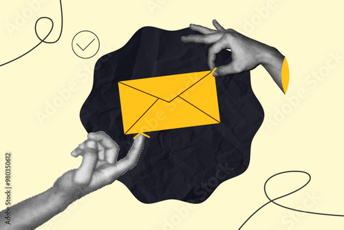 halftone collage Modern Design, Creative email marketing concept with yellow envelope and artistic hand gestures. digital communication, and branding strategies to boost customer engagement