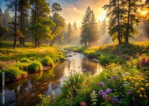 Serene misty forest landscape with lush green trees, vibrant wildflowers, and a meandering stream, bathed in warm golden light, evoking feelings of tranquility.