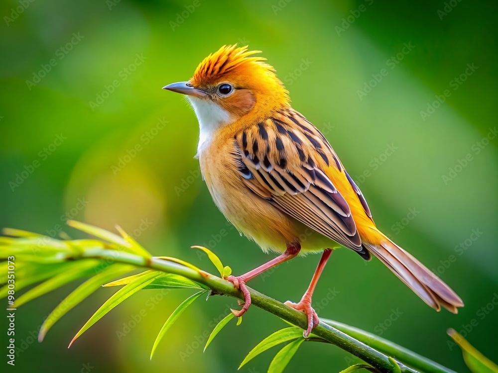 Vibrant golden-headed Cisticola perches atop a lush green branch, showcasing its striking plumage, amidst the serene wilderness of West Papua's tropical rainforest habitat. Vibrant golden-headed Cisticola perches atop a lush green branch, showcasing its striking plumage, amidst the serene wilderness of West Papua's tropical rainforest habitat.