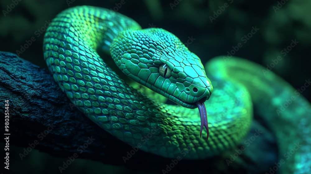 Fototapeta premium A close-up of a vibrant green snake coiled on a branch, showcasing its mesmerizing patterns and striking appearance.