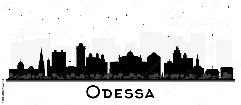 Odessa city skyline silhouette with black buildings isolated on white. Odesa cityscape with landmarks. Business travel and tourism concept with modern and historic architecture. Odessa city skyline silhouette with black buildings isolated on white. Odesa cityscape with landmarks. Business travel and tourism concept with modern and historic architecture.