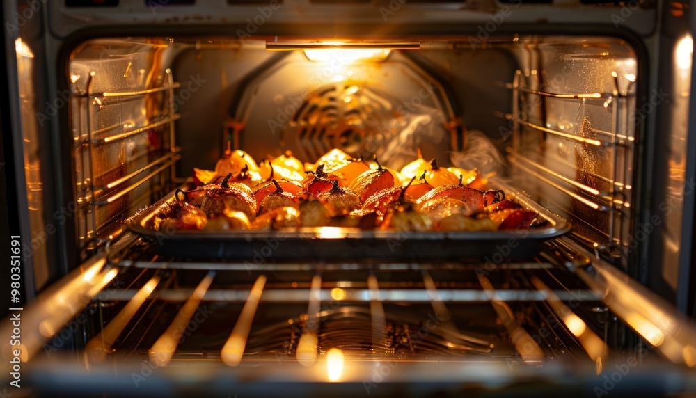 Peppers and onions roasting in the oven Peppers and onions roasting in the oven