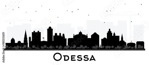 Odessa city skyline silhouette with black buildings isolated on white. Odesa cityscape with landmarks. Business travel and tourism concept with modern and historic architecture.