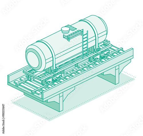 Isometric railroad tank car on bridge. Object isolated on white background. Railway. Wagon on rails. Industrial railroad transportation. Freight railroad car.
