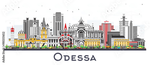 Odessa city skyline with color buildings isolated on white. Odesa cityscape with landmarks. Business travel and tourism concept with modern and historic architecture.