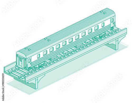 Isometric passenger railroad car on bridge. Object isolated on white background. Railway. Wagon on rails. Outline passenger carriage.