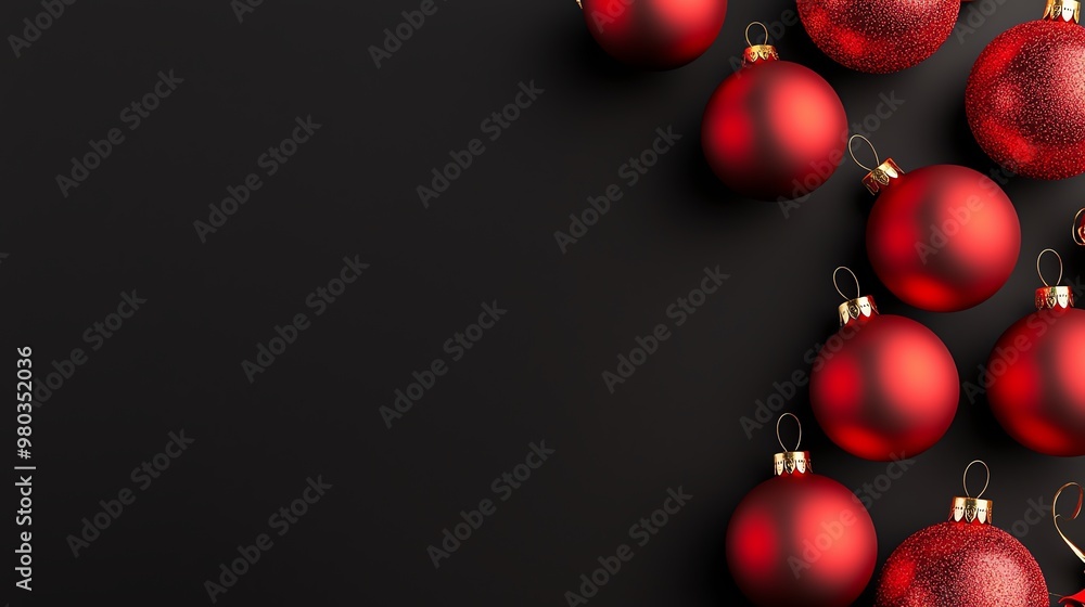 Elegant arrangement of red Christmas ornaments on a dark background, perfect for holiday-themed designs and festive decorations. Elegant arrangement of red Christmas ornaments on a dark background, perfect for holiday-themed designs and festive decorations.