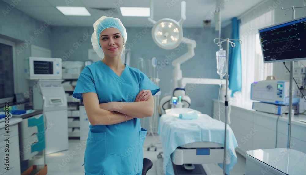 Confident surgeon in scrubs standing in operating room Confident surgeon in scrubs standing in operating room