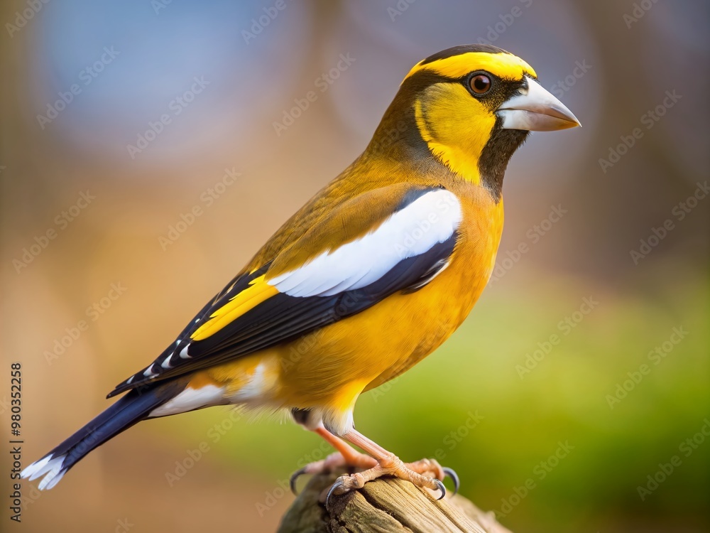 Fototapeta premium Vibrant yellow and black evening grosbeak with brown and white accents stands proudly, facing right, showcasing its striking plumage in a natural setting.