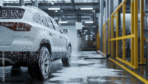 A clean white SUV being washed in a modern car wash facility, surrounded by foam and water sprays, showcasing vehicle care.