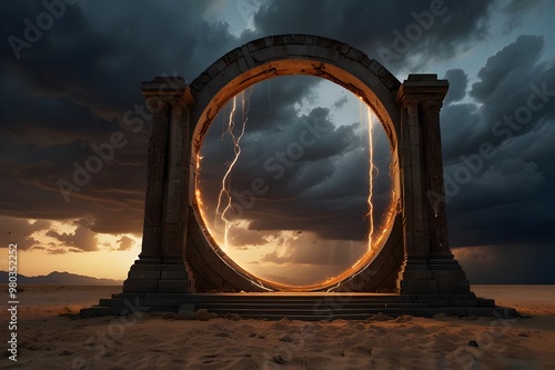 Mesmerizing scene of a glowing portal in the sky, with a suspended translucent hourglass of golden sand. The landscape below spans eras from ancient ruins to futuristic cities, symbolizing time travel