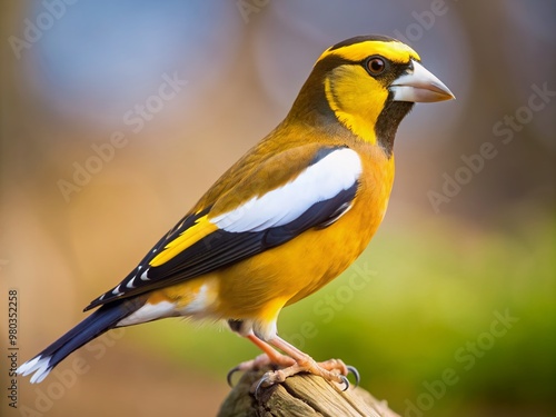 Vibrant yellow and black evening grosbeak with brown and white accents stands proudly, facing right, showcasing its striking plumage in a natural setting.