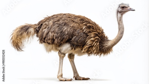 Large ostrich with soft fluffy feathers and long powerful legs standing alone, facing forward, with a serene expression, isolated on a pure white background. photo