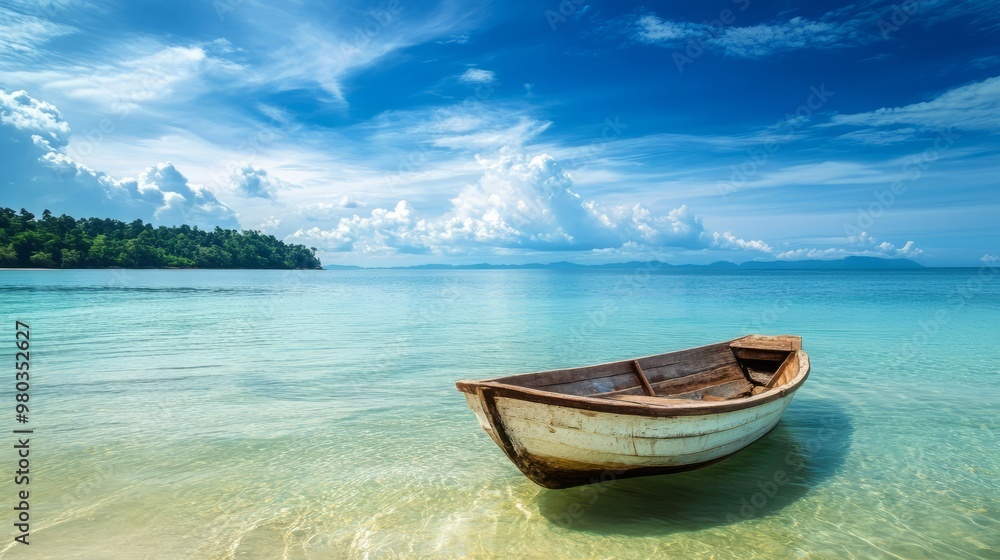 Serene Wooden Boat Drifting in a Tropical Lagoon Serene Wooden Boat Drifting in a Tropical Lagoon