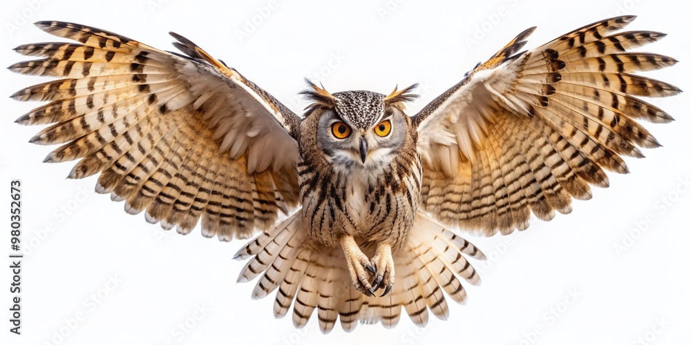 A majestic owl spreads its wings, flying solo against a pristine white background, showcasing its soft, feathery plumage and piercing eyes in sharp focus. A majestic owl spreads its wings, flying solo against a pristine white background, showcasing its soft, feathery plumage and piercing eyes in sharp focus.