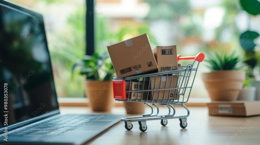 Online Shopping Cart with Delivery Packages on Laptop Desk at Home Office Online Shopping Cart with Delivery Packages on Laptop Desk at Home Office
