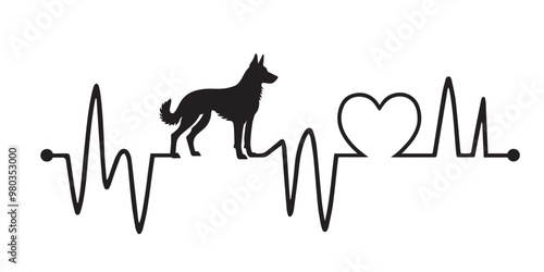 Heartbeat line with Belgian Malinois Dog silhouette, Dog and Heartbeat frequency with Heart Love vector illustration

