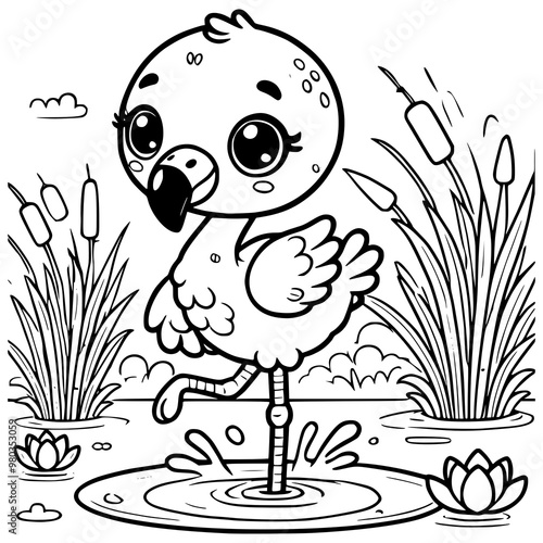 Adorable black and white illustration of a cute flamingo chick standing on one leg in a pond with reeds and water lilies Perfect for kids' coloring activities