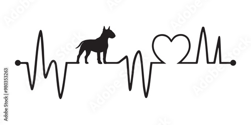 Heartbeat line with Bull Terrier Dog silhouette, Dog and Heartbeat frequency with Heart Love vector illustration
