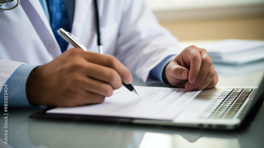 Doctor writing medical notes on clipboard while using laptop at desk. Doctor writing medical notes on clipboard while using laptop at desk.