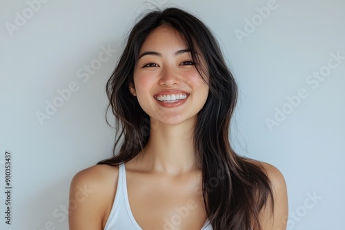 Smiling Woman with Long Black Hair Against a White Background