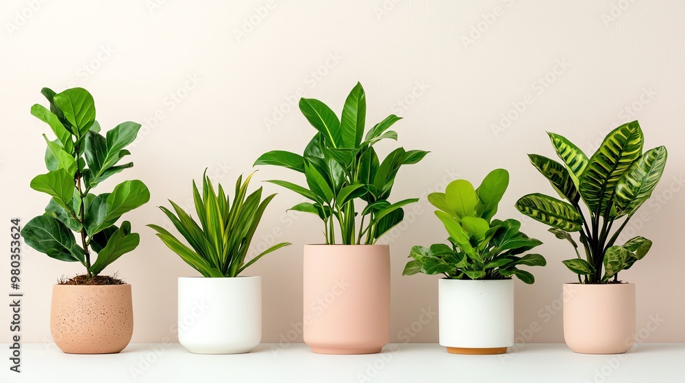 A serene display of indoor plants in stylish pots against a soft background, enhancing any home decor with nature's beauty. A serene display of indoor plants in stylish pots against a soft background, enhancing any home decor with nature's beauty.