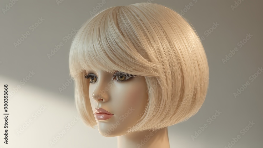 A blonde bob haircut wig sits atop a mannequin head, its stylishly cut layers framing the chin, featuring A blonde bob haircut wig sits atop a mannequin head, its stylishly cut layers framing the chin, featuring
