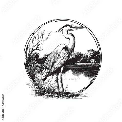 Blue Heron standing in the lake vector logo