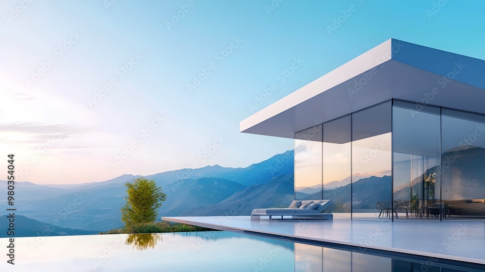 Fototapeta premium Luxury Modern Glass-Walled Home Overlooking Scenic Mountain Range
