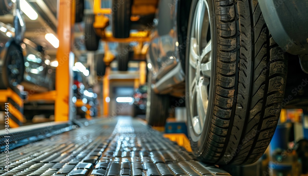 Fototapeta premium Automobile repair shop with focus on a single car tire