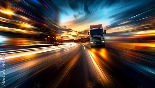 Modern cargo truck speeds along blurred highway at dusk photo