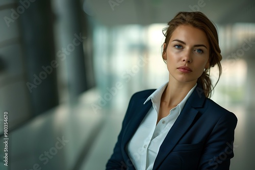 Wallpaper Mural Sophisticated Woman in a Tailored Suit, Standing in a Sleek Office Building, Corporate, Professional, Executive, Business Torontodigital.ca