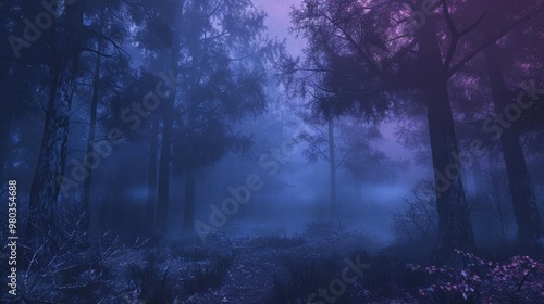 Mysterious foggy forest with purple and blue hues.