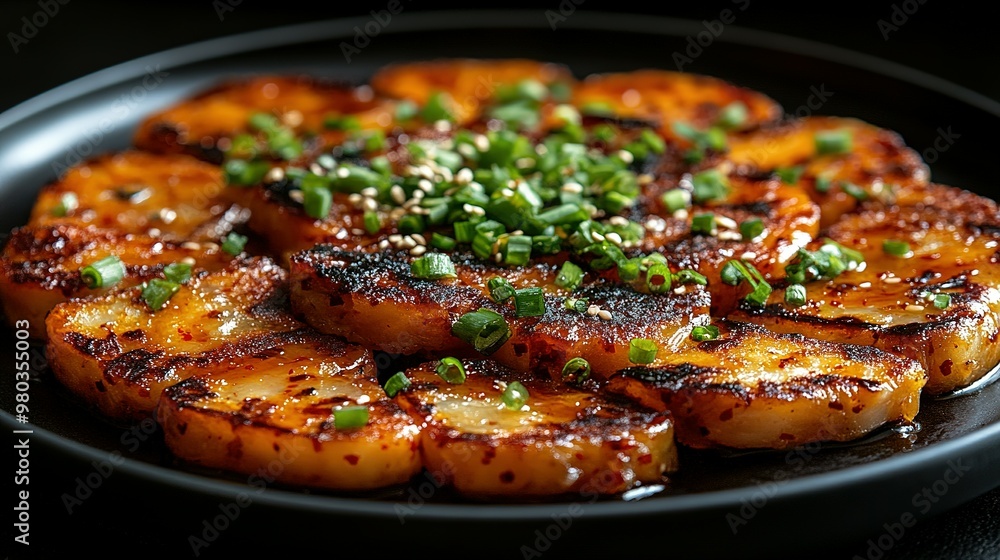 Close-up of Grilled Potato Slices with Sesame Seeds and Green Onions Close-up of Grilled Potato Slices with Sesame Seeds and Green Onions